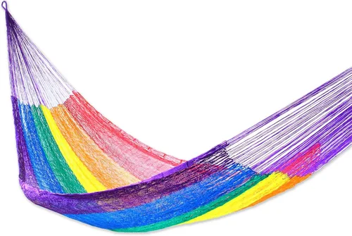 Vista 14 de NOVICA Hamaca de cuerda maya de nailon tejida a mano multicolor arcoíris a rayas para 1 persona, soñando con arcoíris (individual)