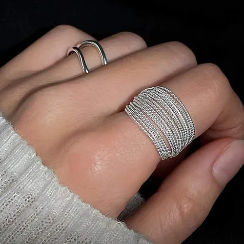 Vista 4 de EXPHAIN Anillo ajustable para mujer, de múltiples capas, único, envolvente, minimalista, a la moda, anillos de plata, joyería, Metal no precioso.