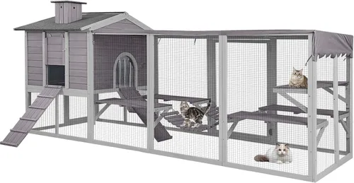 Vista 8 de Gran recinto de madera Catio para gatos al aire libre, condominio para gatos con 7 plataformas de escalada, 2 casas de siestas, panel de ventana