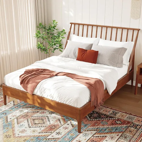Vista 9 de Polibi Marco de cama Queen con plataforma de madera de bambú maciza, cabecera bohemia de 46.5 pulgadas de alto, listones de madera y soporte de Negro