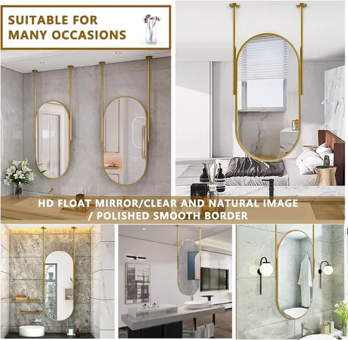 Vista 6 de Espejo de barra colgante de techo, espejos decorativos ovalados para pared, baño, tocador, maquillaje, espejo flotante con marco de metal dorado