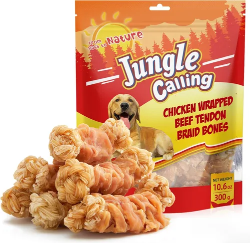Vista 10 de Jungle Calling Tendones de Res para Perros, Tendones Envueltos en Pato, Masticables para Perros de Larga Duración, Suplemento para Cadera