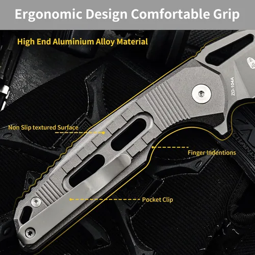 Vista 4 de HX OUTDOORS Cuchillo plegable de bolsillo con clip de bloqueo, cuchillo EDC plegable de camping premium de acero D2 con mango de aleación