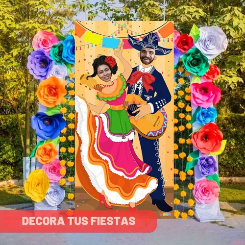 Vista 4 de JOYIN Cartel de puerta de fotos de pareja del Cinco de Mayo para suministros de fiesta, decoración de fondo de fotografía mexicana, fondo de cabina