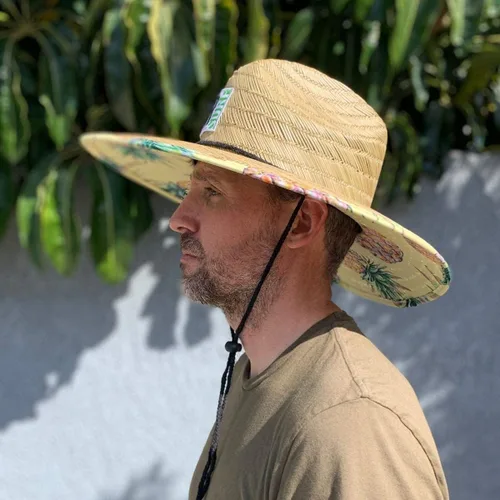 Vista 6 de COR Surf Sombreros de paja para hombres y mujeres, sombrero de sol clásico salvavidas con UPF 50+ tela impresa debajo de la playa
