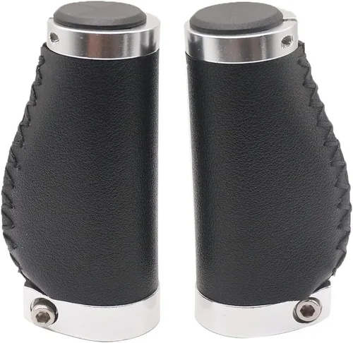 Vista 4 de Agarres de mango corto para bicicleta, antideslizantes, de cuero de microfibra de PVC, ergonómico, cosido a mano, estilo casual, retro, doble