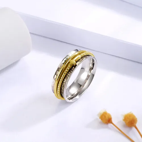 Vista 3 de Anillo de cruz para mujer, plata de ley 925, anillos giratorios de banda ancha martillada