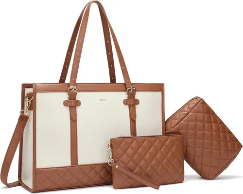 Vista 7 de Keyli 3 piezas Bolsa para Laptop para Mujeres, 15.6 Pulgadas Bolsa de Lona Tote Bolsas de Trabajo Grandes Maletín de Computadora de Negocios Bolso