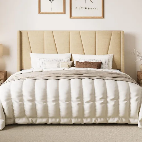 Vista 18 de SHA CERLIN Base de cama tamaño Queen con cabecera geométrica con respaldo de ala, plataforma tapizada con soporte de listones de madera, espacio Gris