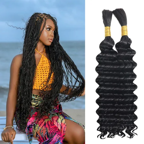Vista 7 de Cabello humano a granel para trenzar, paquetes de cabello humano rizado 12A para mujeres negras, 16 pulgadas, onda profunda, sin trama, trenzas