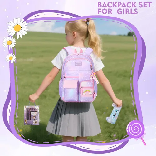 Vista 7 de Mochila Kawaii Rainbow para niñas Lindas bolsas escolares estrelladas para niños y adolescentes con estuche de felpa para bolígrafos y juego de 6