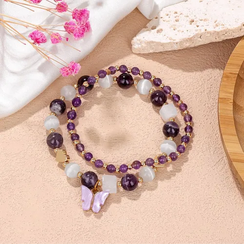Vista 5 de GolbalJew Pulsera de amatista para mujer, pulseras de cuentas de amatista para la ansiedad, dijes de mariposa, piedra curativa en capas, regalos