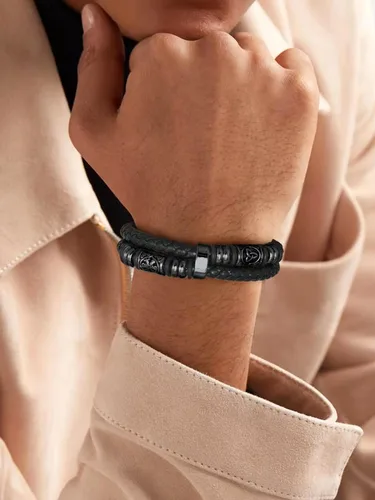 Vista 3 de Bestyle Pulseras de cuentas de acero inoxidable trenzadas de cuero genuino de alta calidad para hombres y niños, pulseras de moda para hombre