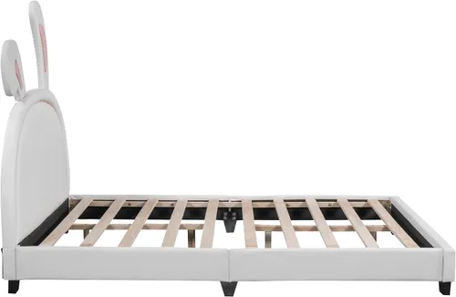 Vista 6 de Bonita cama tapizada de piel sintética de tamaño matrimonial con adorno de conejo y cabecero, para uso en la habitación de niños y niñas