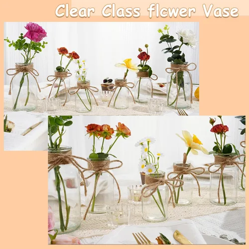 Vista 5 de Jarrones de vidrio vintage para flores, juego de 3 jarrones transparentes para centro de mesa de boda estilo granja, botella cilíndrica
