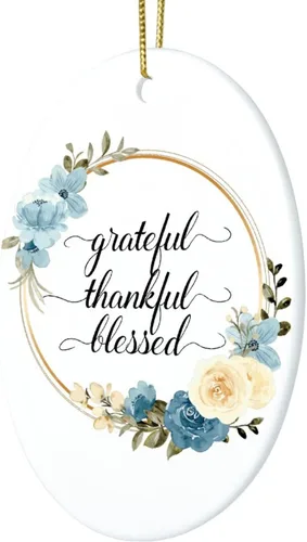 Vista 3 de Adornos de Navidad con cita de corona de flores, adorno ovalado de porcelana de Grateful Thankful Blesed, decoración de árbol de Navidad, regalos