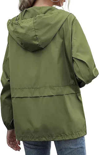 Vista 3 de Chaqueta impermeable ligera para mujer, rompevientos con capucha y bolsillos para exteriores Impermeable verde militar