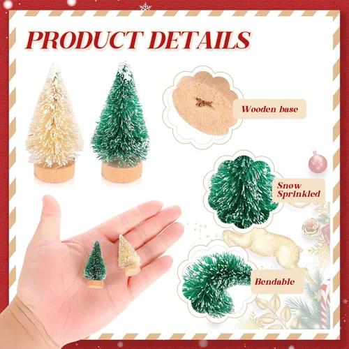 Vista 3 de Crowye 100 piezas de mini árbol de Navidad artificial, árboles de sisal con base de madera para mesa, árboles de botella para decoración de mesa