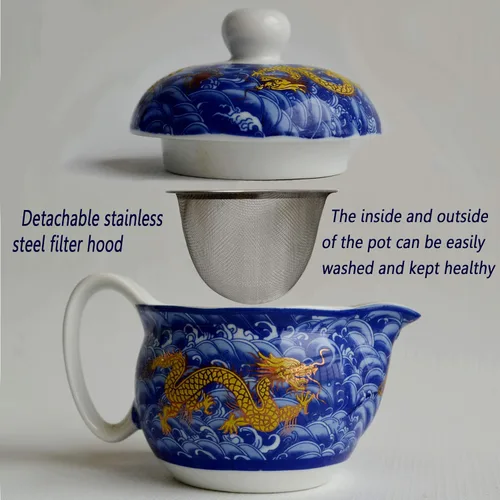 Vista 3 de Porcelain Teapot 12oz Chinese Dargon Waves Pattern Stainless Mash Infuser for Loose Tea (Blue)