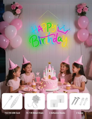 Vista 4 de Letrero de neón de feliz cumpleaños para decoración de fondo, letrero LED con luz de feliz cumpleaños para telón de fondo de fiesta con alimentación