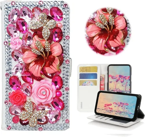 Vista 2 de Bling - Funda de piel con tapa para iPod Touch 5ª, 6ª y 7ª - Elegante - Diseño de flores en 3D - Funda de piel con protector de pantalla y protector