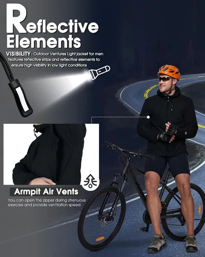 Vista 6 de Outdoor Ventures Chaqueta impermeable plegable con capucha para hombre, ligera, resistente al viento, para ciclismo