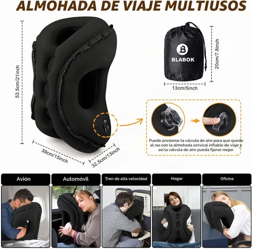 Vista 6 de Almohada inflable de viaje, almohada de cuello de viaje multifunción para avión para evitar dolor de cuello y hombros, soporte para la cabeza