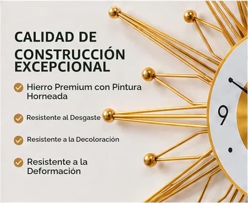 Vista 6 de Reloj de pared grande silencioso de 19.6 pulgadas para decoración de sala de estar, reloj de pared dorado con forma de explosión de sol y estrella