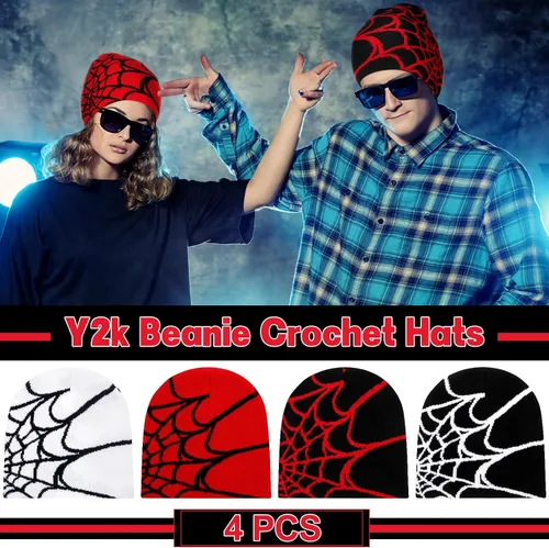 Vista 3 de Gorros Y2K Y2K con patrón de telaraña, gorro de punto acrílico gótico, gorro de punto casual para hombre