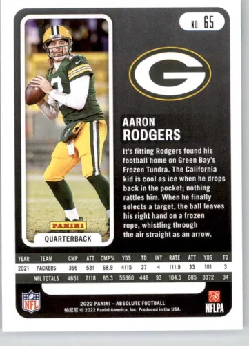Vista 2 de 2022 Absolute #65 Aaron Rodgers Green Bay Packers NFL Football Trading Card