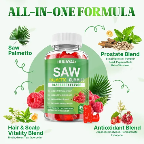 Vista 3 de Gomitas de palma enana americana Saw Palmetto Suplemento con aceite de semilla de calabaza, biotina, suplementos de salud para la próstata