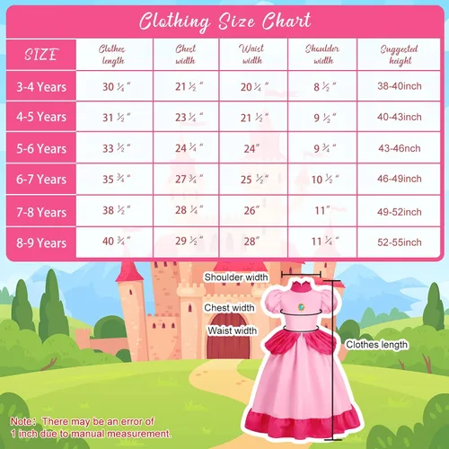 Vista 5 de CONGRU Disfraz de princesa melocotón para niñas, vestido de princesa melocotón con accesorios para Halloween, cosplay