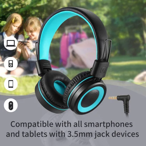 Vista 3 de POWMEE M3 - Auriculares para niños con micrófono, ligeros, plegables, ajustables, estéreo, con graves con cable de 4.3 ft sin enredos para Negro