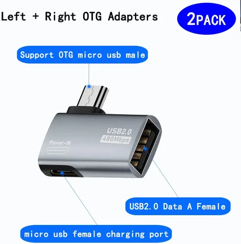 Vista 2 de Adaptador OTG micro USB 2 en 1 alimentado de 90 grados en ángulo recto con puerto de carga de alimentación micro USB, paquete de 2