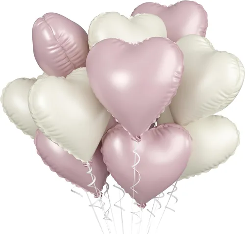 Vista 26 de Globos de corazón azul bebé, 10 piezas de globos en forma de corazón azul claro y blanco pastel, globos de papel de aluminio blanco arena crema