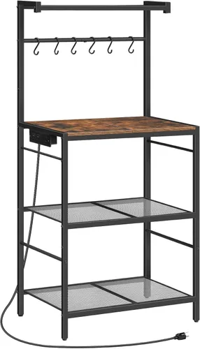 Vista 12 de MAHANCRIS Estante de panadería con toma de corriente, estante de almacenamiento para cocina con 6 ganchos, soporte para microondas