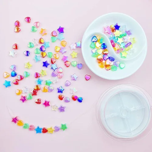 Vista 5 de 350 cuentas acrílicas de corazón y estrella, corazones de 0.394 pulgadas, estrellas de 0.394 pulgadas, espaciadores para pulseras, collares, aretes
