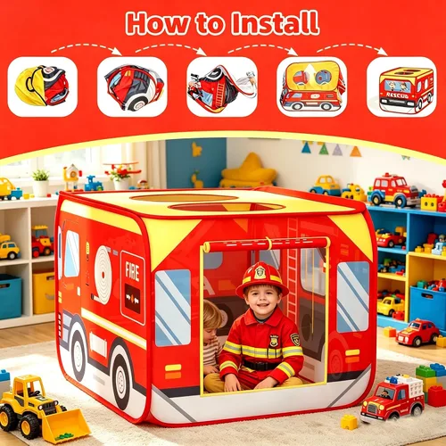 Vista 5 de KORIMEFA Tienda de campaña grande para camiones de bomberos para niños Rojo