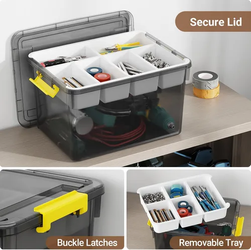 Vista 4 de Contenedor de almacenamiento apilable grande de 40 cuartos de galón con tapa y bandeja, organizador de plástico transparente con divisor portátil