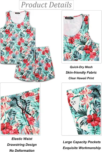 Vista 4 de JoZorro Conjunto de camiseta sin mangas con estampado floral para hombre, camiseta deportiva casual con estampado de lujo, ropa deportiva hawaiana