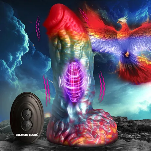 Vista 2 de CREATURE COCKS Consolador vibratorio de silicona Rainbow Phoenix para hombres, mujeres y parejas. Consolador de fantasía con potente vibración.
