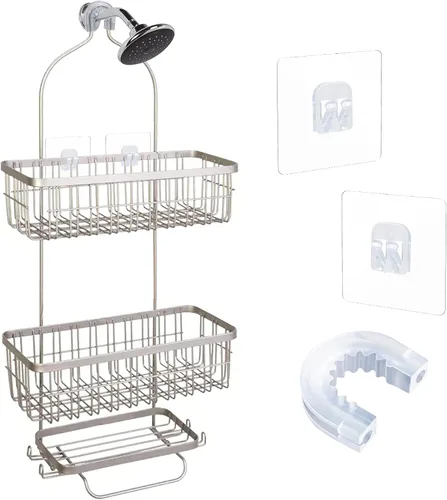 Vista 4 de YeeBeny Conector de ducha de baño con 2 adhesivos Soporte de gancho para artículos del hogar para cesta de ducha, estante de baño compatible
