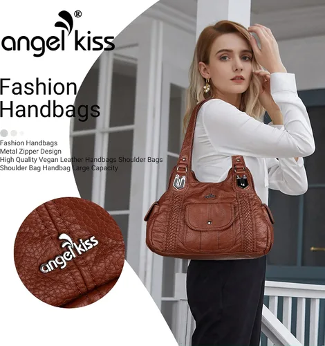 Vista 6 de Angelkiss - Bolsos y bolsos de mano para mujer, de cuero vegano lavado, bolso cruzado estilo hobo
