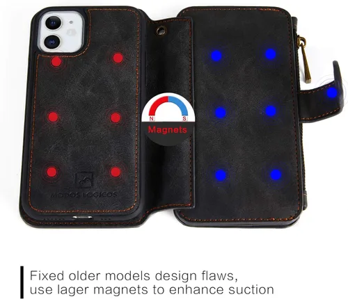 Vista 5 de MODOS LOGICOS Funda para iPhone 11, cartera desmontable, 2 en 1, almacenamiento en efectivo con cremallera, hasta 14 ranuras para tarjetas, 1