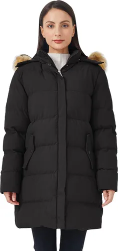Vista 3 de WenVen - Abrigo de invierno acolchado para mujer, chaqueta cálida con capucha desmontable de pelo sintético