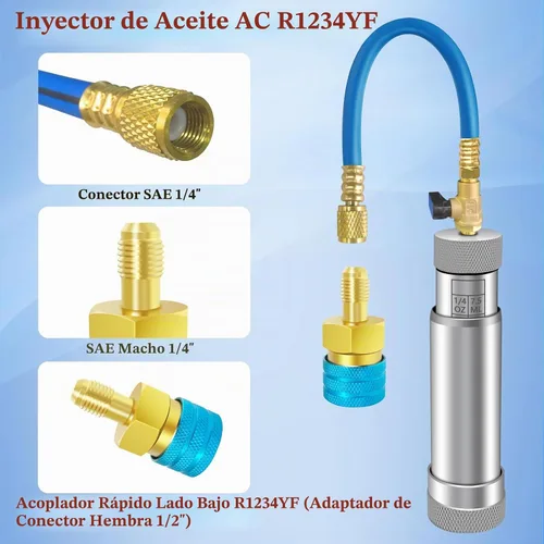 Vista 3 de Inyector de tinte de CA con válvula de cierre, inyector de aceite de CA para R1234yf R134a R410a, inyector de tinte 1234yf con función de prevención