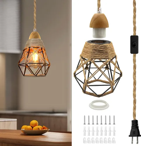 Vista 8 de Luces colgantes rústicas de granja con cable enchufable, cable de cuerda de cáñamo trenzada de 16.7 pies, pantalla tejida de cáñamo de 23x10 cm