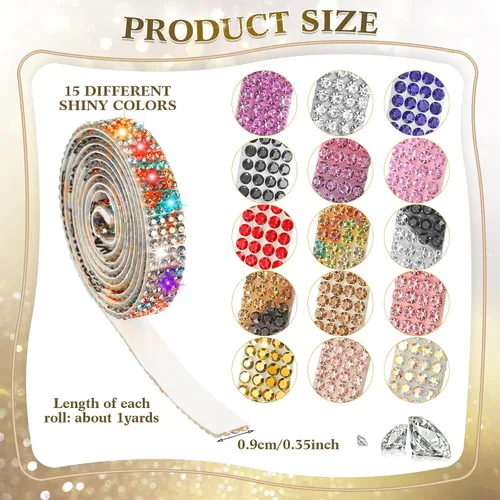 Vista 2 de Meanplan 15 rollos de tiras de cinta autoadhesivas con diamantes de imitación de cristal, brillantes, brillantes, colores mezclados, rollo de cinta