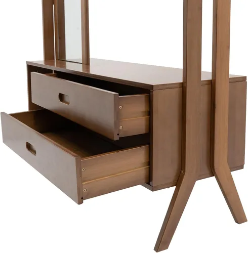 Vista 5 de Perchero de bambú con espejo y cajones, colgador de ropa de madera independiente con ganchos, perchero resistente con estantes, organizador
