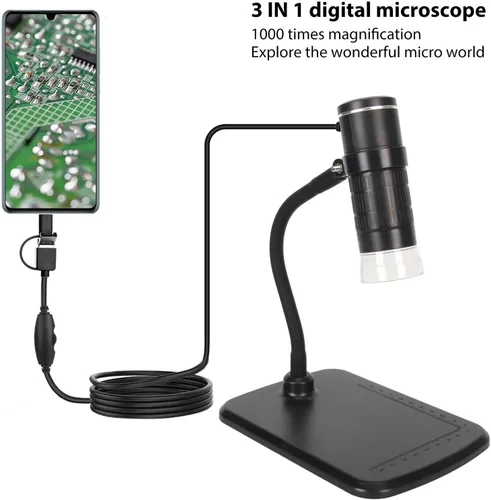 Vista 3 de Microscopio digital, microscopio USB de 50 a 1000x con soporte - 640 x 480 de mano USB HD microscopio cámara compatible con teléfono móvil Pad PC